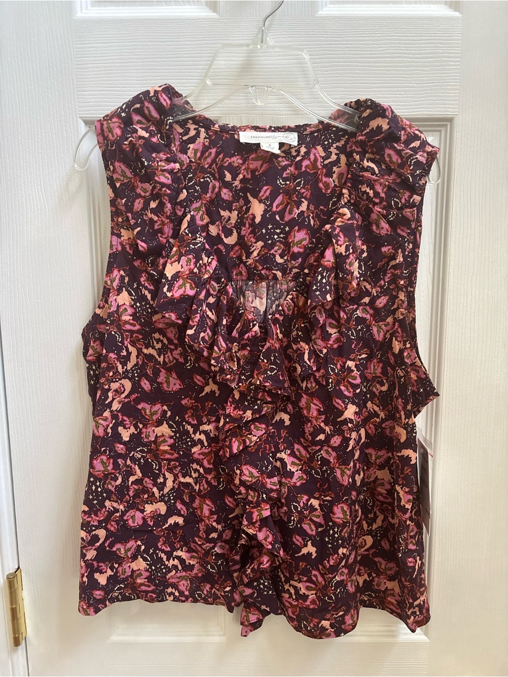 Treasure and Bond Sleeveless Ruffled Neck Floral Print Top, Size S, NWT